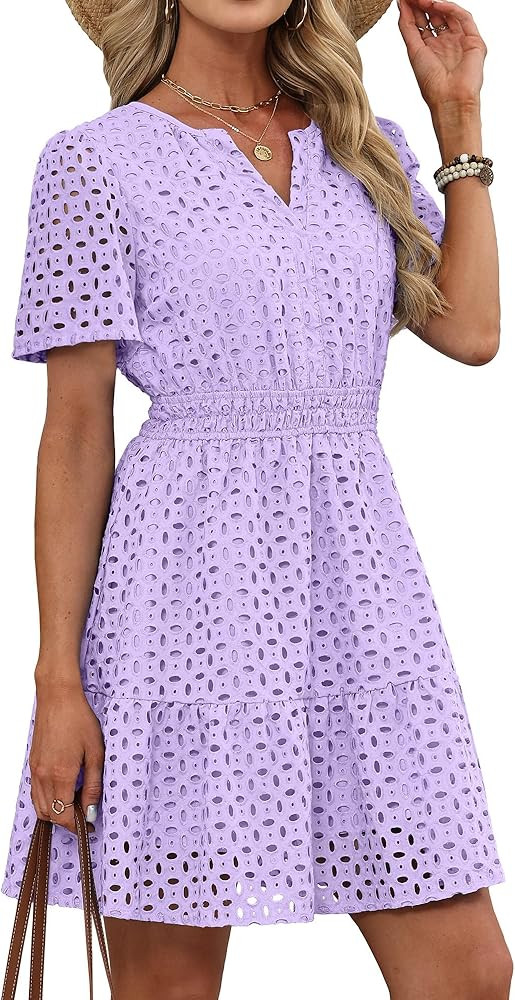 RUMIA Womens Dresses 2026 Summer V Neck Eyelet Lace A Line Short Dress | Amazon (US)