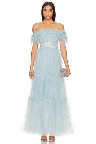 BCBGMAXAZRIA Off Shoulder Tiered Gown in Light Slate from Revolve.com | Revolve Clothing (Global)