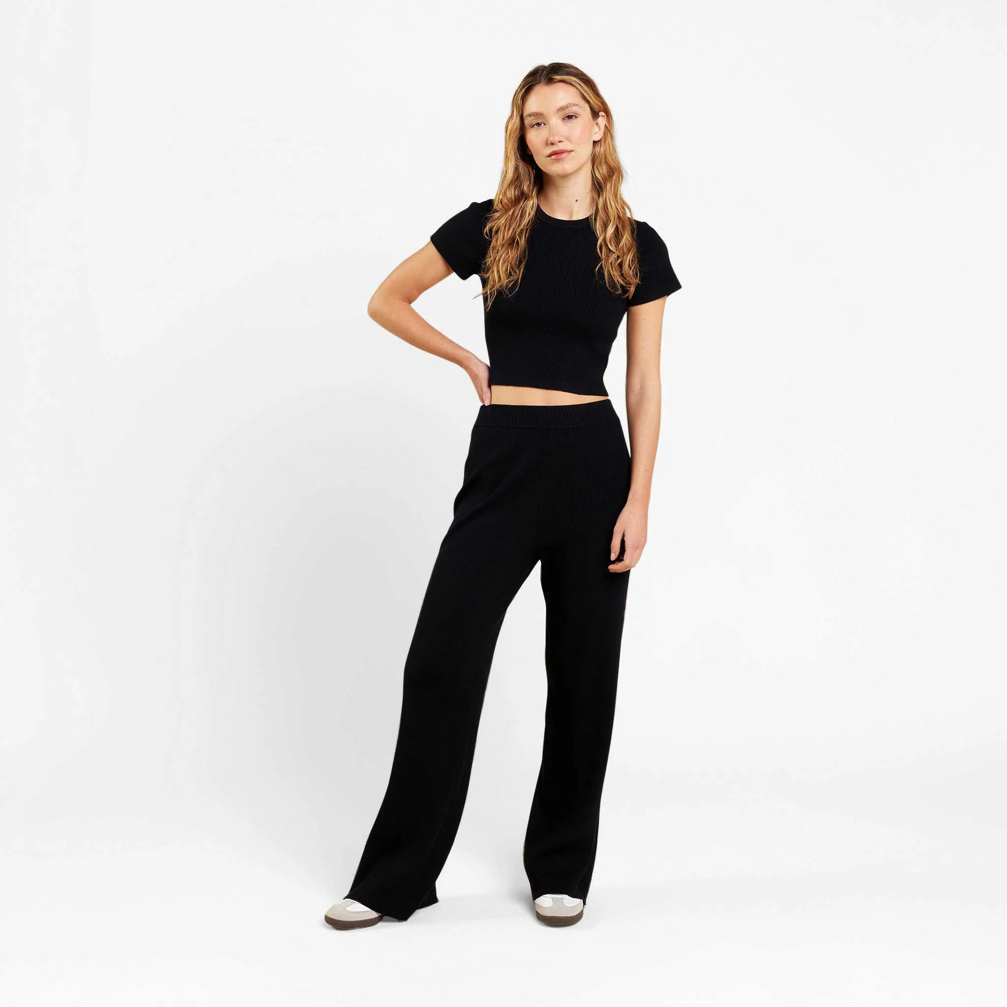 Ribbed Sweater Wide Leg Pant | Black | Nuuds US