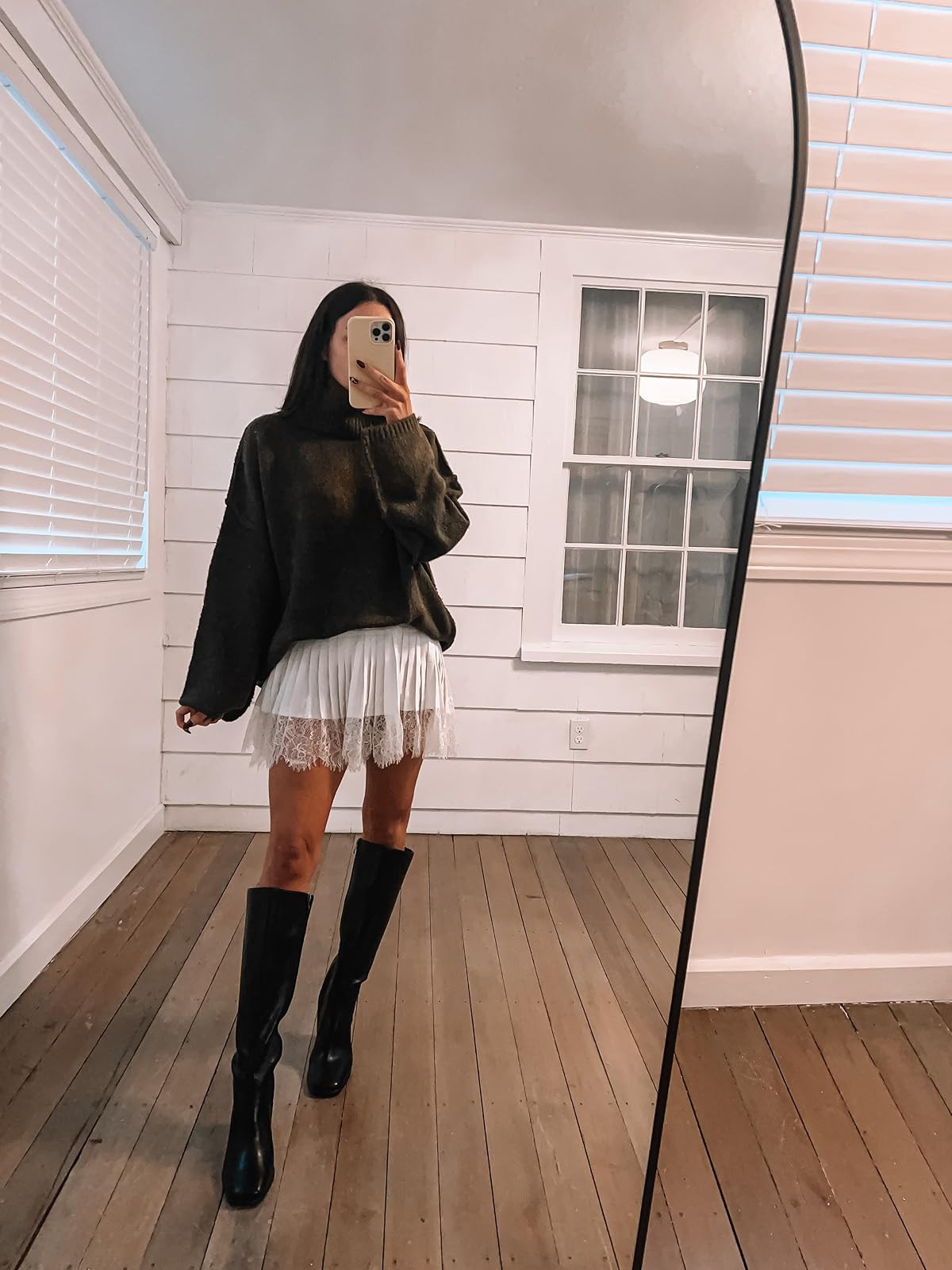 Holiday Christmas outfit-boots true to size, sweater in S, skirt. Turtleneck oversized sweater/lace slip skirt/black knee high boots. 
 

 #LTKHoliday #LTKPetite #LTKFindsUnder100