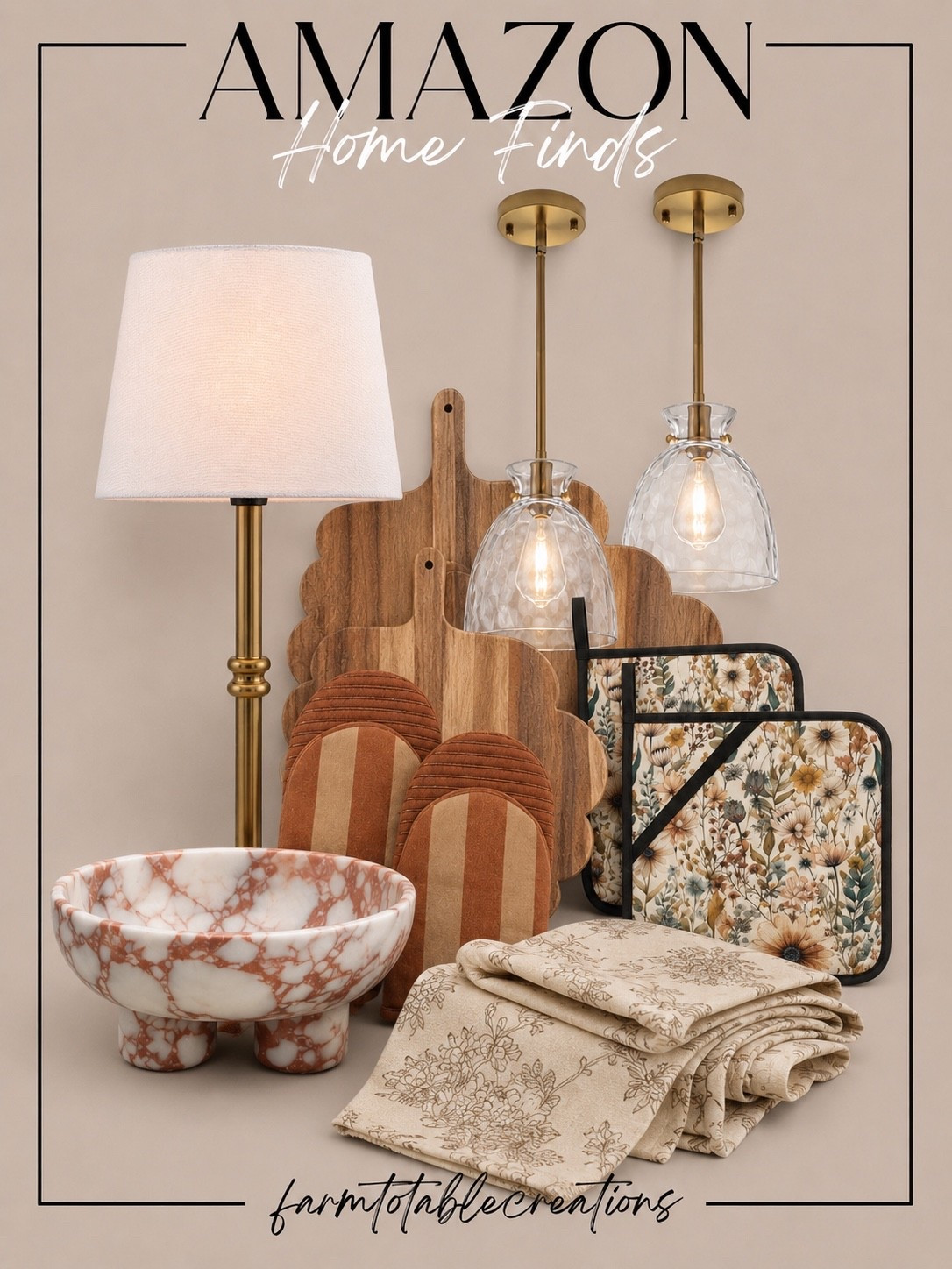Amazon Cozy Home Finds 🤎✨

Amazon is full of beautiful neutral finds right now! I’m loving this mix of warm wood tones, antique-inspired brass, soft florals and subtle terracotta accents. These pieces feel cozy and collected while still keeping everything light and timeless.

Follow @farmtotablecreations on Instagram for more cozy home finds and trending decor.

The scalloped wood boards are such a pretty way to add warmth to a kitchen, while the floral linens and pot holders bring in just enough pattern. Add in the glass pendant lights and classic brass lamp for an easy elevated look that can transition beautifully from late summer into fall.

#LTKHome #AmazonFinds #AmazonHome #AmazonHomeFinds #AmazonDecor #AmazonKitchen #KitchenFinds #NeutralHome #CozyHome #FallHome #FallDecor #HomeDecor #KitchenDecor #AffordableHomeDecor #HomeInspo

#LTKHome