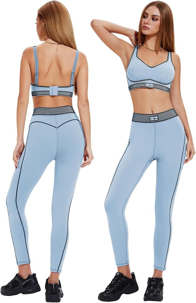 Workout Sets for Women 2 Piece Matching Set, High Waisted Leggings with Pockets & Padded Sports B... | Amazon (US)
