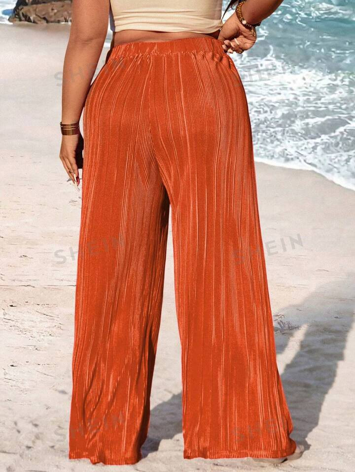 SHEIN EZwear Plus Size Solid Color Knotted Elastic Waistband Pressed Pleated Wide Leg Pants | SHEIN