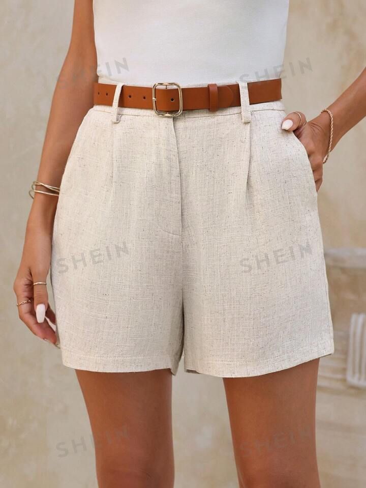SHEIN Clasi Linen Pure Color Casual Elegant Shorts With Bamboo Nodes | SHEIN