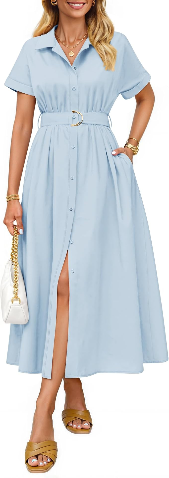 ZESICA Women's Summer Short Sleeve Midi Dress 2026 Button Down A Line Belt Work Business Casual L... | Amazon (US)