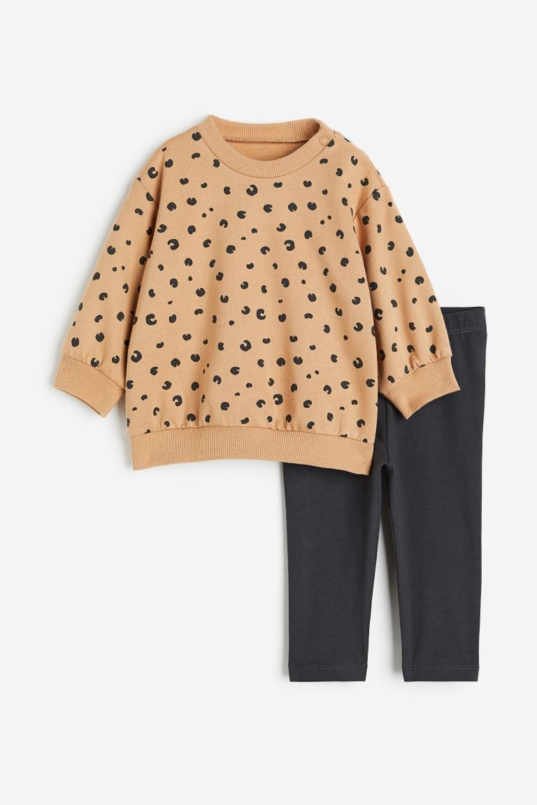 2-piece Sweatshirt and Leggings Set - Beige/leopard print - Kids | H&M US | H&M (US + CA)