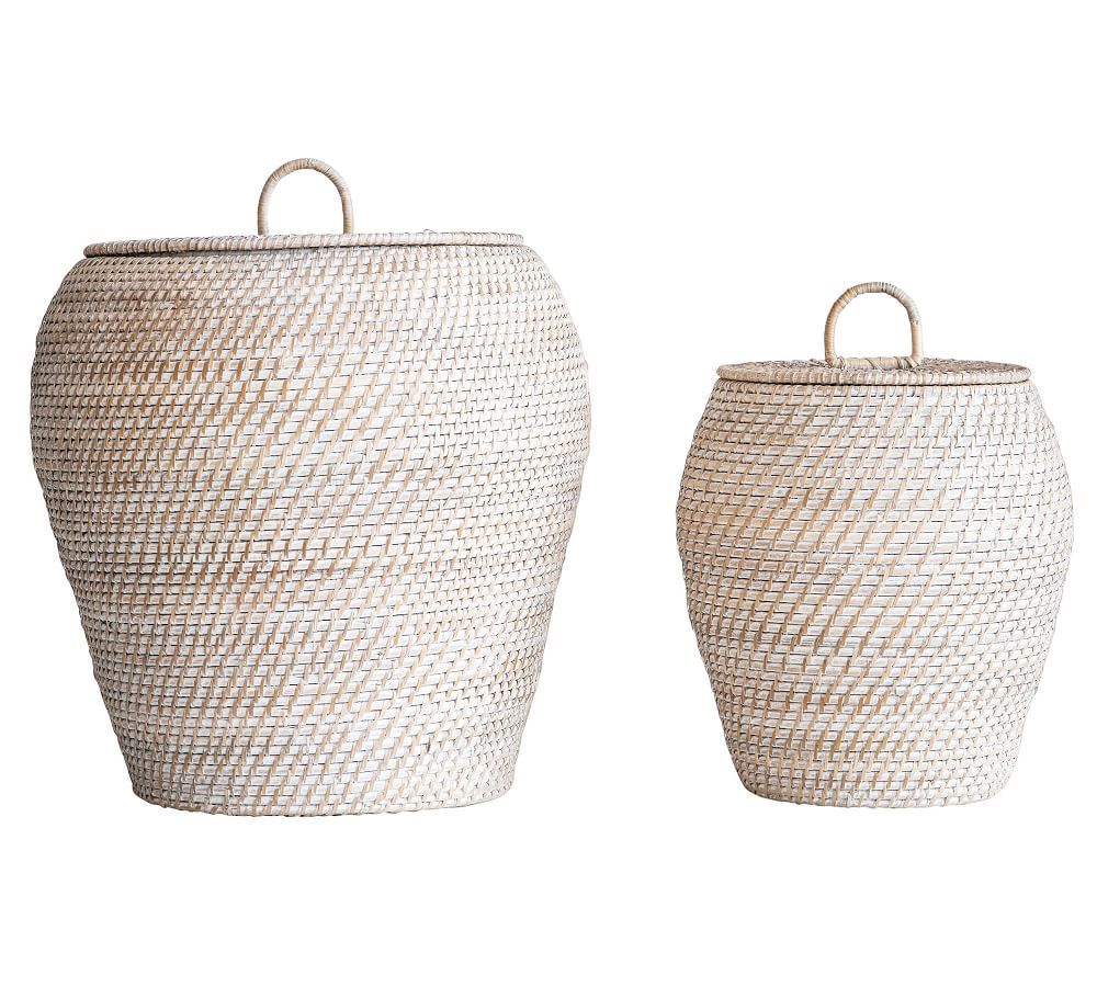 Bruno White Rattan Baskets With Lids, Set of 2 | Pottery Barn (US)