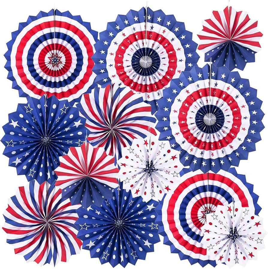 4th of July Patriotic Decorations 12PCS Hanging Paper Fan for USA Patriotic Decorations Independe... | Amazon (US)