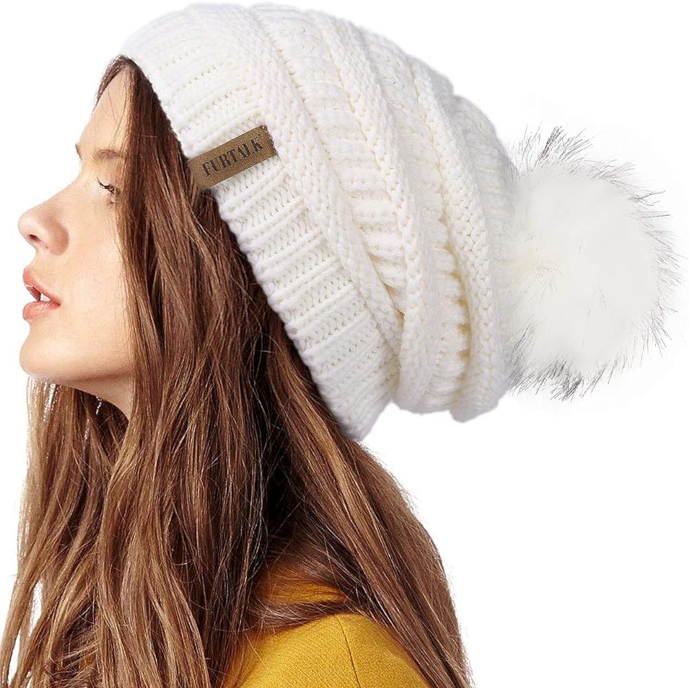 FURTALK Womens Winter Knit Slouchy Beanie Hat Warm Skull Ski Cap Faux Fur Pom Pom Hats for Women ... | Amazon (US)
