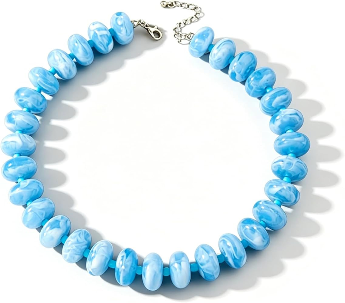 Amazon.com: ANGLEQUEEN Light Blue Swirl Chunky Beaded Choker Necklace for Women - Bold Statement ... | Amazon (US)