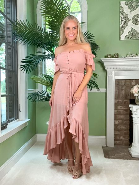 This dusty rose off the shoulder high low maxi dress is such a beautiful choice for summer. Would look lovely for a concert and would look fabulous at the beach too. Also perfect for a picnic or any daytime outing. Can be dressed up for night with heels and chunky jewelry too. Wearing a small. So comfy! 