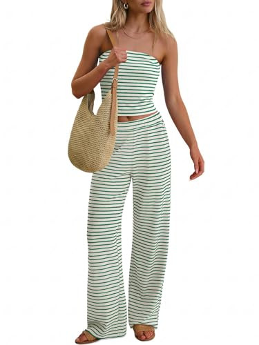 ANRABESS Women 2 Piece Sets Summer Striped Outfits Matching Tube Top Wide Leg Lounge Pants 2026 T... | Amazon (US)