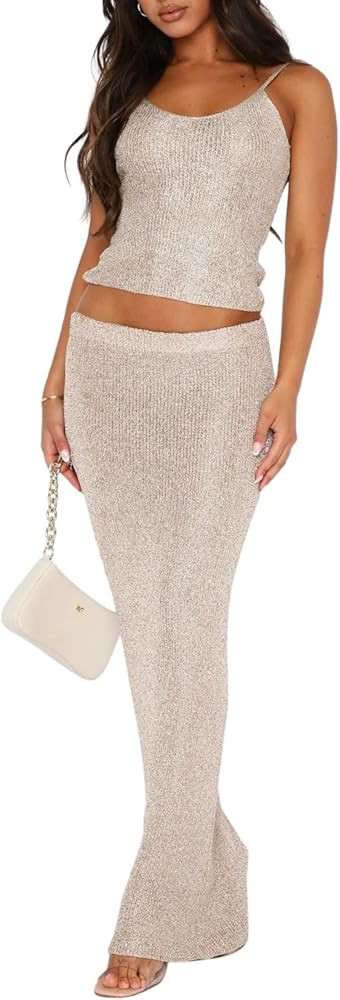 Women Sexy Glitter Knit 2 Piece Outfits Sequin Slim Fit Crop Cami Top Sparkle Maxi Bodycon Skirt ... | Amazon (US)
