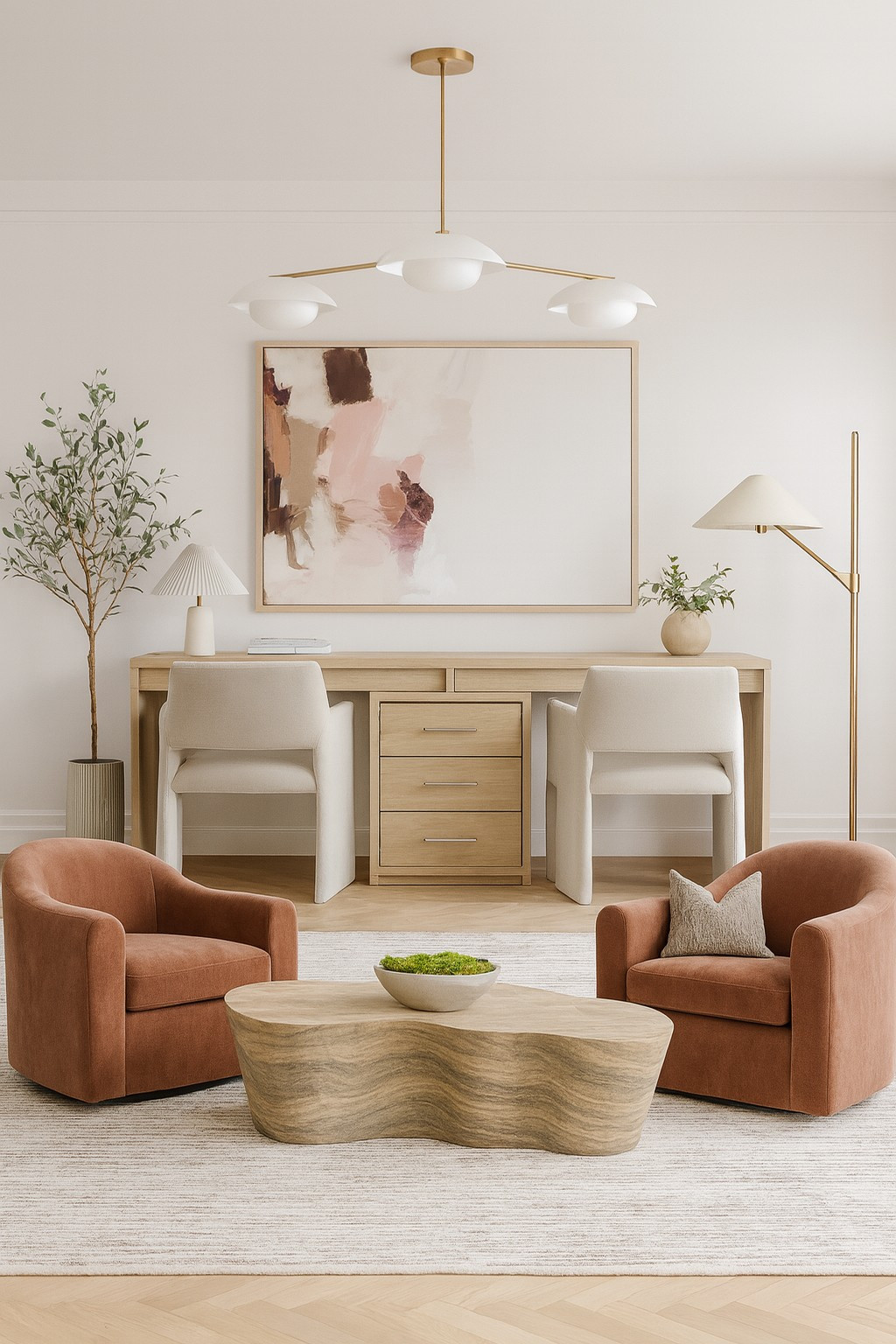 Modern home office design ✨

Double desk, wood desk, sitting area, coffee table, travertine coffee table, irregular coffee table, low coffee table, round coffee table, oval coffee table, accent chairs, swivel chair, lounge chair, office chair, office inspo, floor lamp, flushmount, semi flushmount, faux tree, home decor, interior decor, interior styling  

 