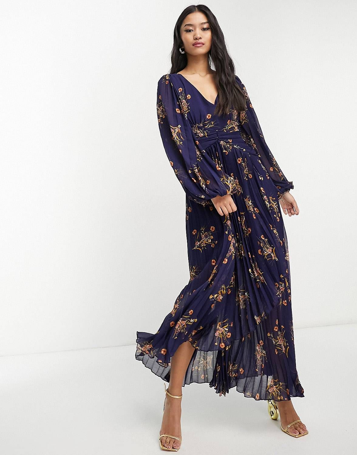 Style Cheat balloon sleeve pleated midaxi dress in navy floral | ASOS (Global)