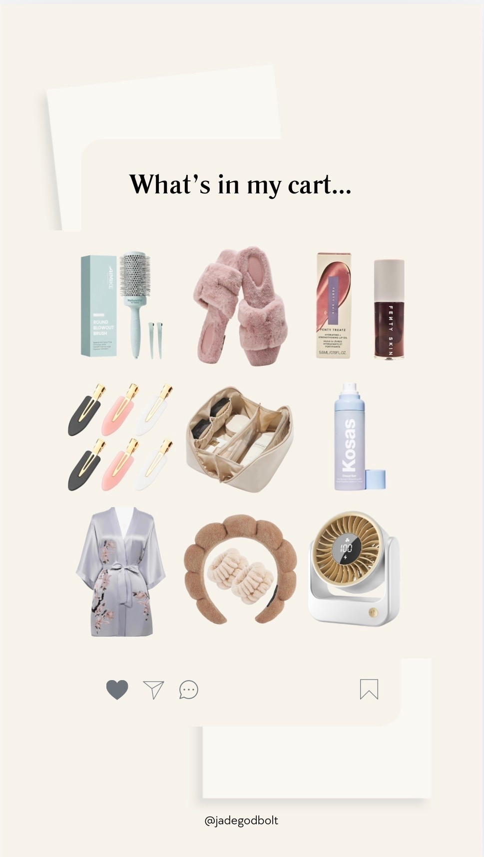 What’s in my Amazon cart! 

Rounded brush, slippers, lip oil, fenty, hair clips, make up bag, robe, headband, portable vanity fan

#LTKgrwm #LTKselfcare #LTKBeauty
