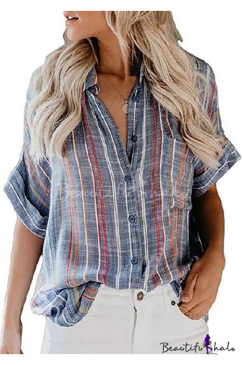 Womens New Trendy Vertical Striped Print Casual Loose Button Down Shirt | Beautifulhalo.com