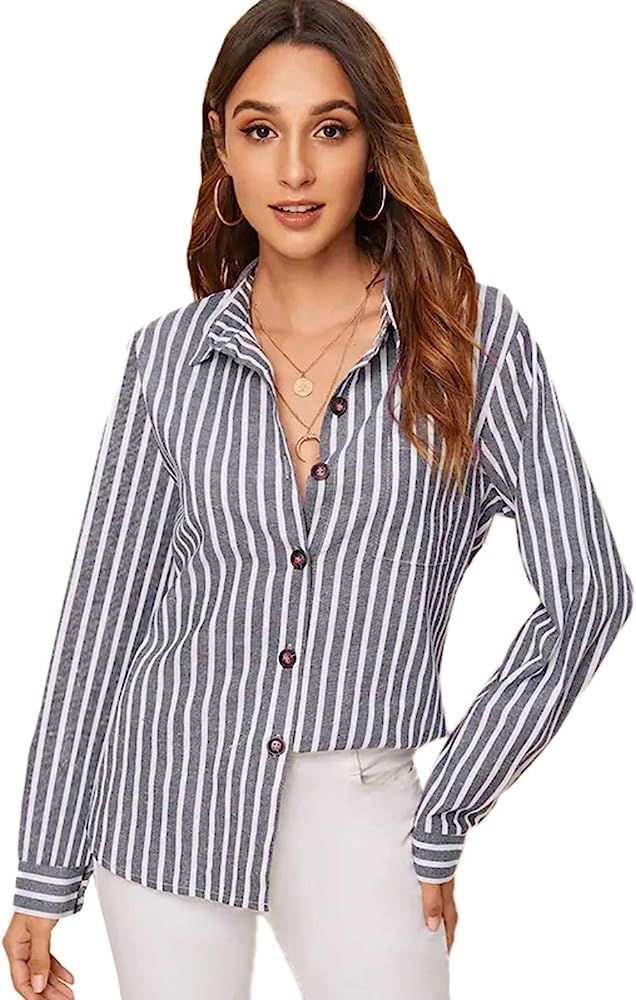 Women's Long Sleeve Striped Print Button Front Roll Up Placket Blouse Top | Amazon (US)