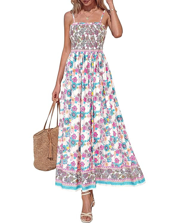 PRETTYGARDEN Womens Floral Maxi Dress Boho Casual 2026 Summer Spaghetti Strap Smocked Sleeveless ... | Amazon (US)