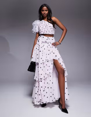 ASOS LUXE organza one shoulder blouson sleeve top and ruffle maxi skirt co-ord in polka dot print | ASOS (Global)