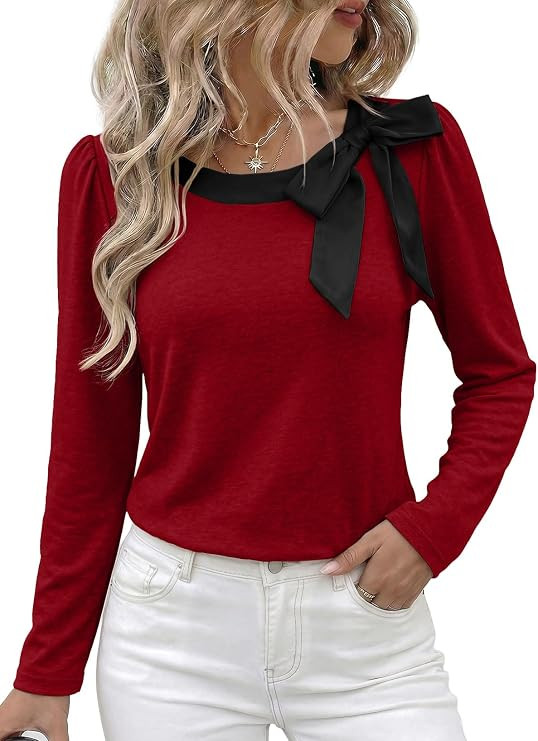 EVALESS Long Sleeve Shirts for Women Bow Tie Business Casual Blouses Tops | Soft Stretch Fabric,C... | Amazon (US)