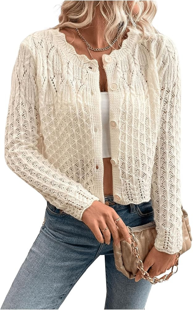 MakeMeChic Women's Textured Crochet Knit Long Sleeve Button Down Lightweight Fall Cardigan Sweate... | Amazon (US)