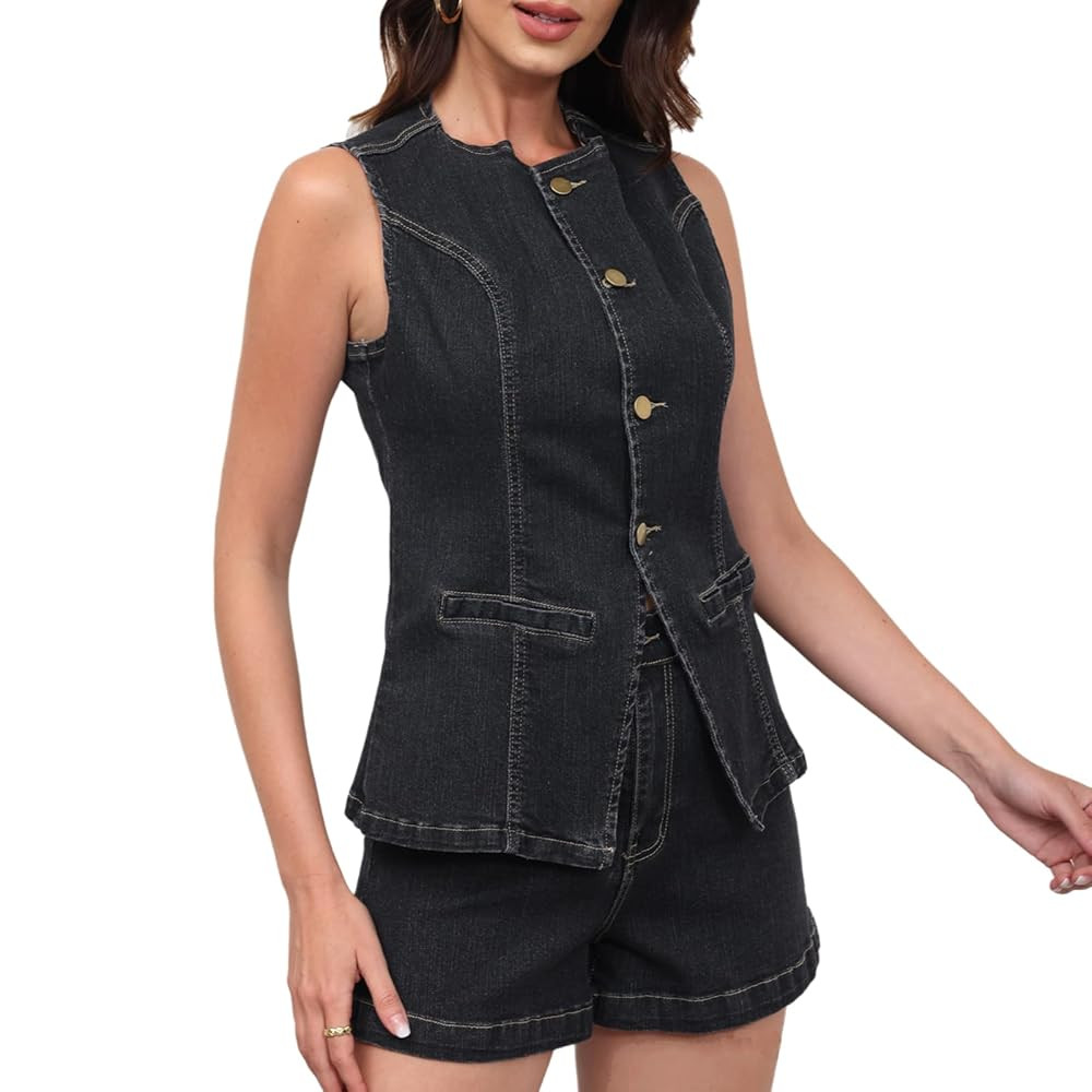 ECHOINE Womens Denim 2 Piece Set Sleeveless Blazer Vest Tops and Jeans Shorts Outfit Business Cas... | Amazon (US)