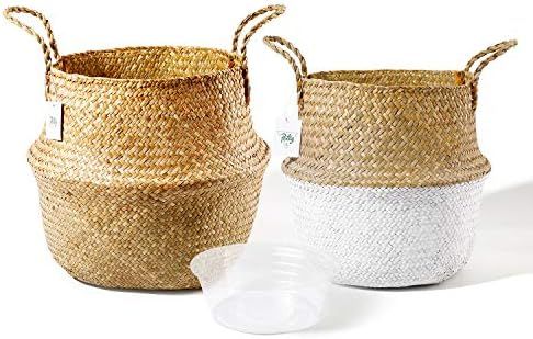 POTEY 720202 Seagrass Plant Basket Set of 2 - Hand Woven Belly Basket with Handles, Large Storage... | Amazon (US)