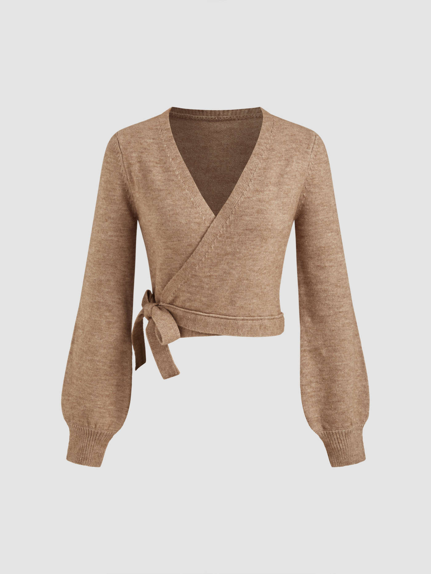 Knitted V-neck Solid Knotted Wrap Cardigan | Cider
