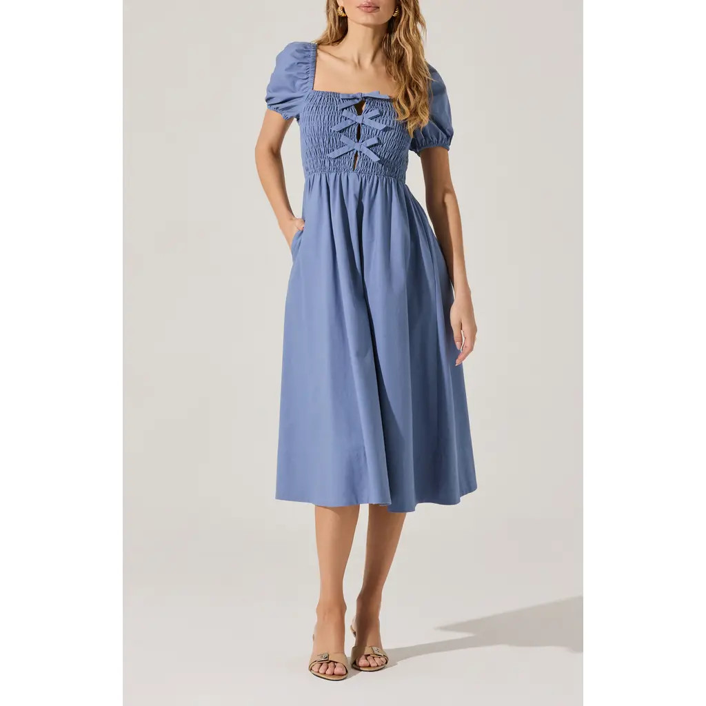 ASTR the Label Bow Detail Smock Bodice Cotton Blend Dress in Denim Blue at Nordstrom Rack, Size Large | Nordstrom Rack