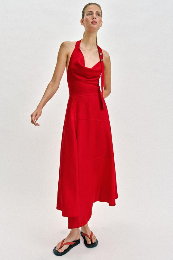 LINEN BLEND HALTER MIDI DRESS | Zara US