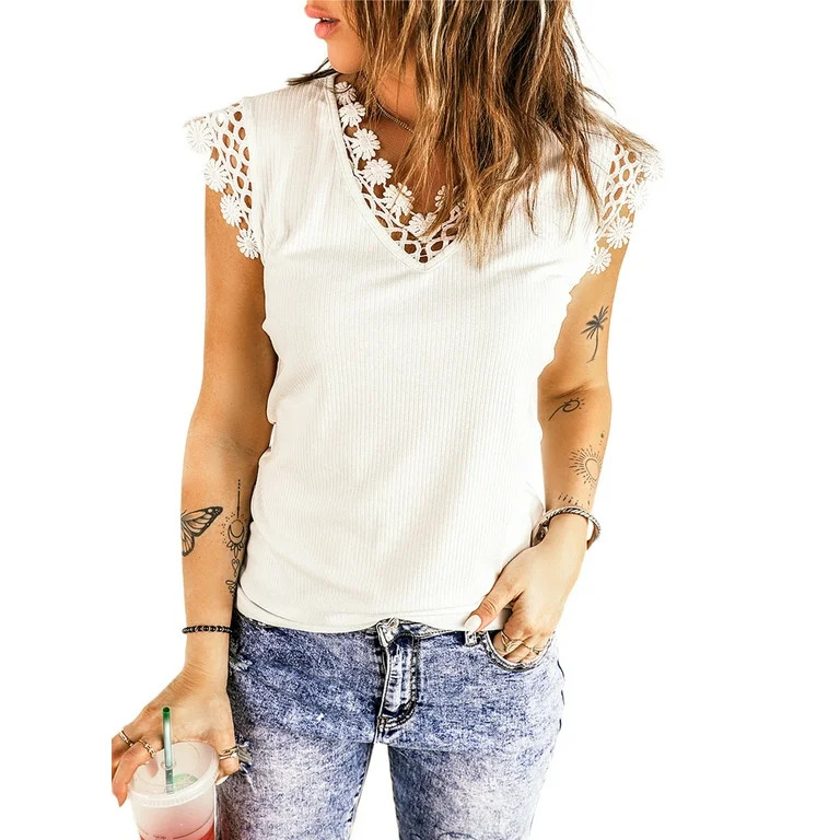 Dokotoo Tank Tops for Women V Neck Lace Solid Color Knit Vest Top Casual Slim Fit Sleeveless Tee ... | Walmart (US)