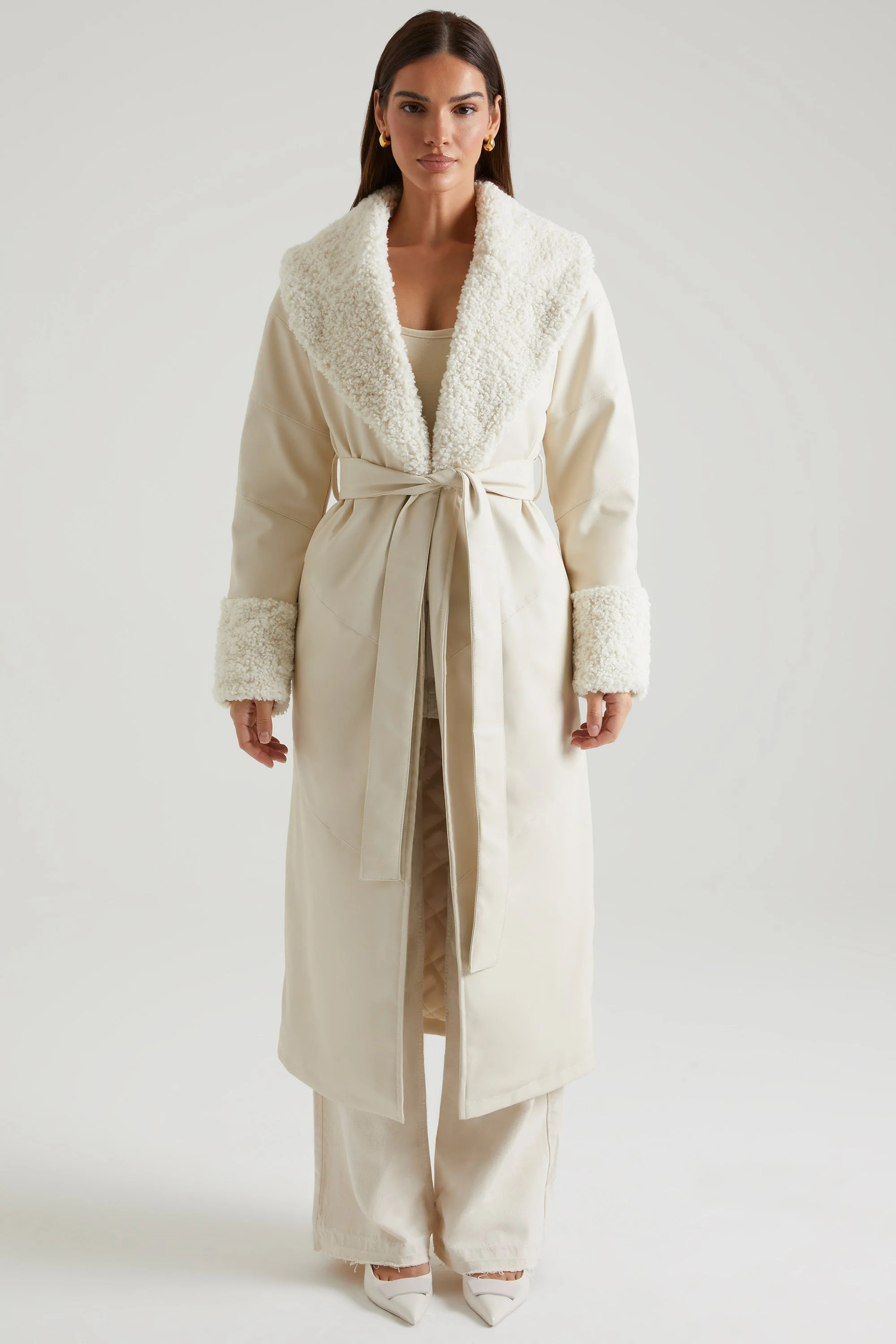 Tie Up Coat with Shearling Collar and Cuffs in Cream | Oh Polly