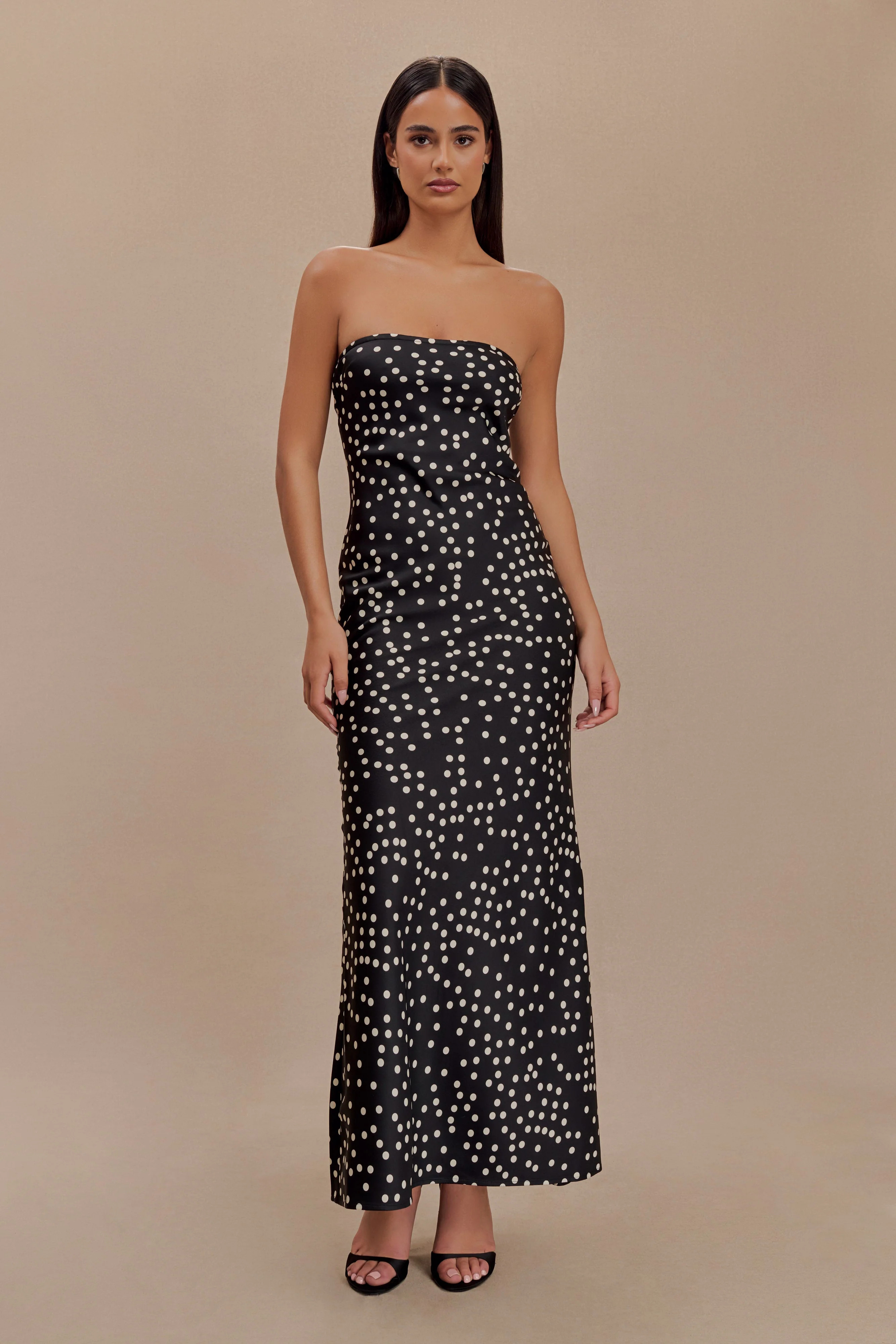 Claudette Strapless Satin Maxi Dress - Black Polka Dot Print | MESHKI US