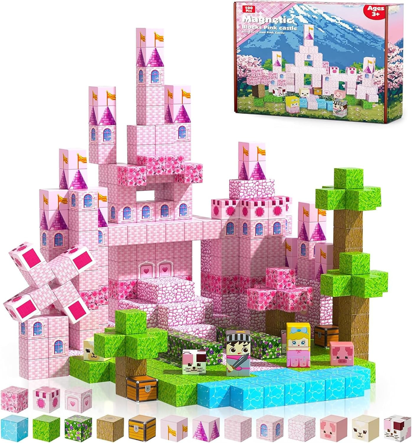 100pcs Pink Castle Magnetic Building Blocks for Kids Ages 3-5 – STEM Construction Toys, Princes... | Amazon (US)