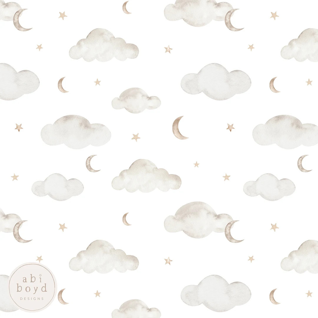 Clouds and Stars Seamless Pattern, Dreamy Sky Repeating Pattern, Watercolor Crescent Moon Fabric ... | Etsy (US)