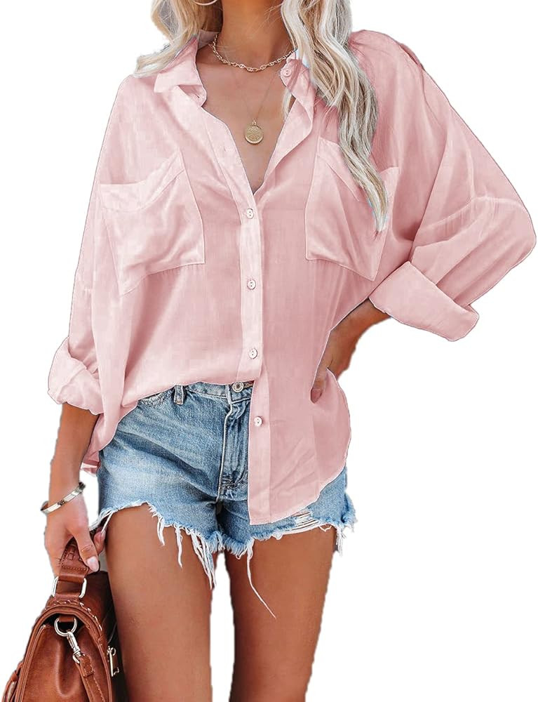 Paintcolors Women's Button Up Shirts Roll-Up Sleeve Blouses V Neck Casual Tunics Solid Color Tops wi | Amazon (US)