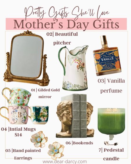 Pretty gifts to give🤍🎁

Mother’s Day, Bridal Showers, teacher gifts🤍

Gilded gold vanity mirror 

Pretty pitcher

Vanilla perfume 

Floral Initial mugs, 

Gold bust head bookends 

Pedestal green glass candle 

Handpainted flower earrings 

#weddinggift #mothersdaygift
#teachergift #bridalshowergift

#LTKGiftGuide #LTKstyletip