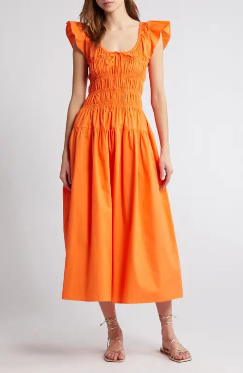 MOON RIVER Smocked Bodice Cotton Midi Dress in Orange at Nordstrom, Size X-Small | Nordstrom