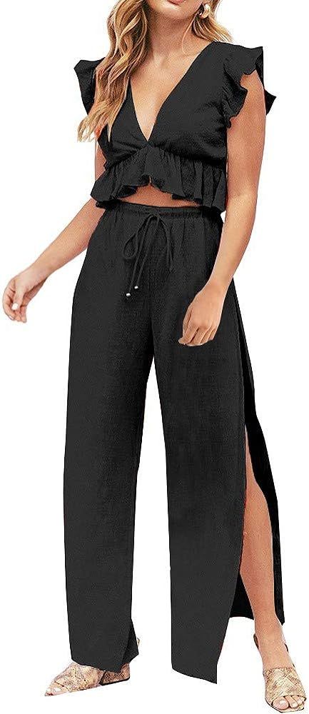 FANCYINN Womens 2 Pieces Outfits Deep V Neck Crop Top Side Slit Drawstring Wide Leg Pants Set Jumpsu | Amazon (US)