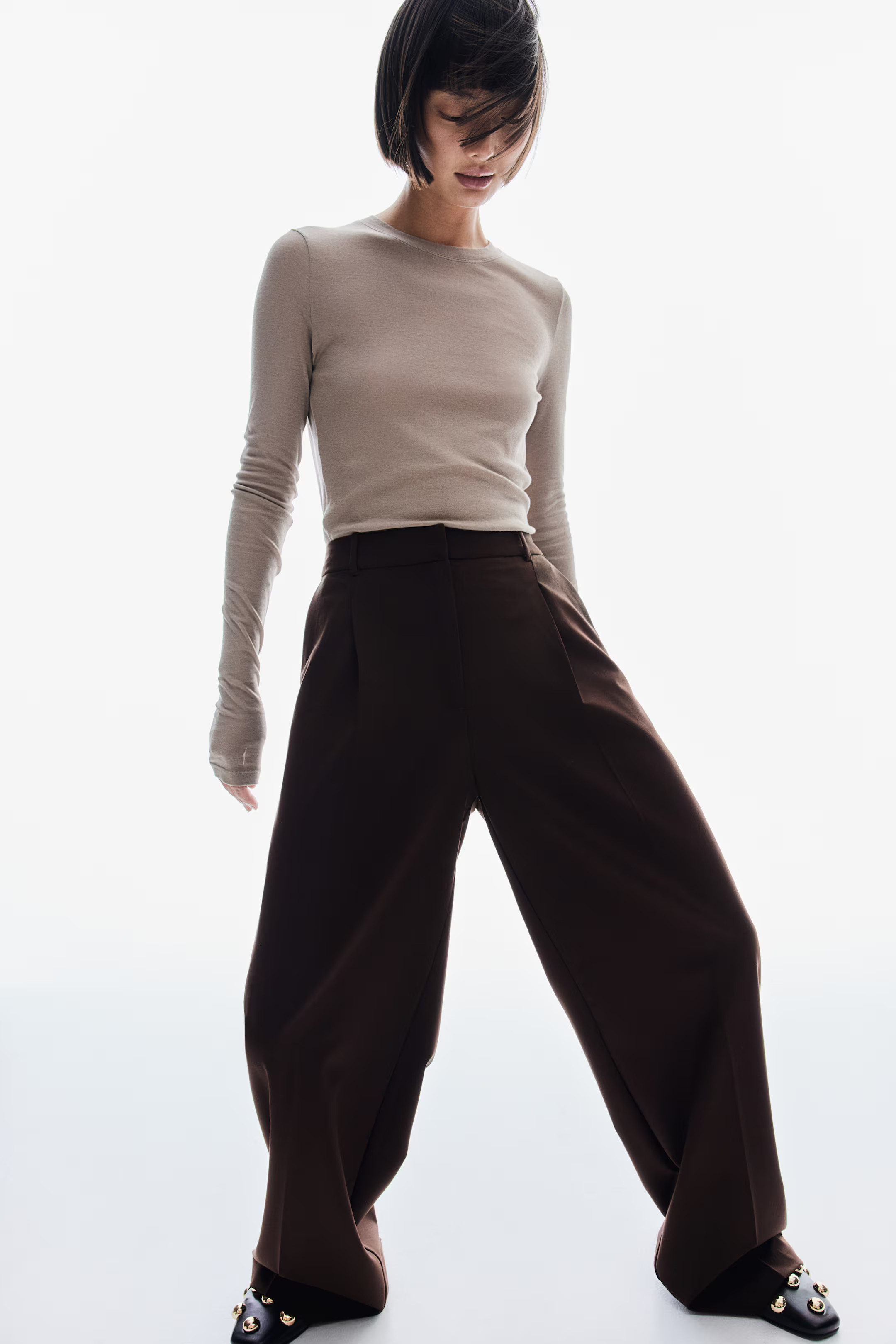 Wide trousers - High waist - Long - Beige - Ladies | H&M GB | H&M (UK, MY, IN, SG, PH, TW, HK)