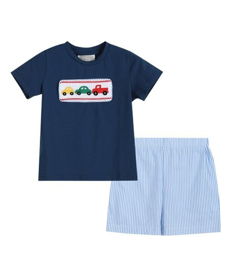Lil Cactus Blue Car Smocked Tee & Light Blue Stripe Shorts Set - Infant, Toddler & Boys | Best Pr... | Zulily