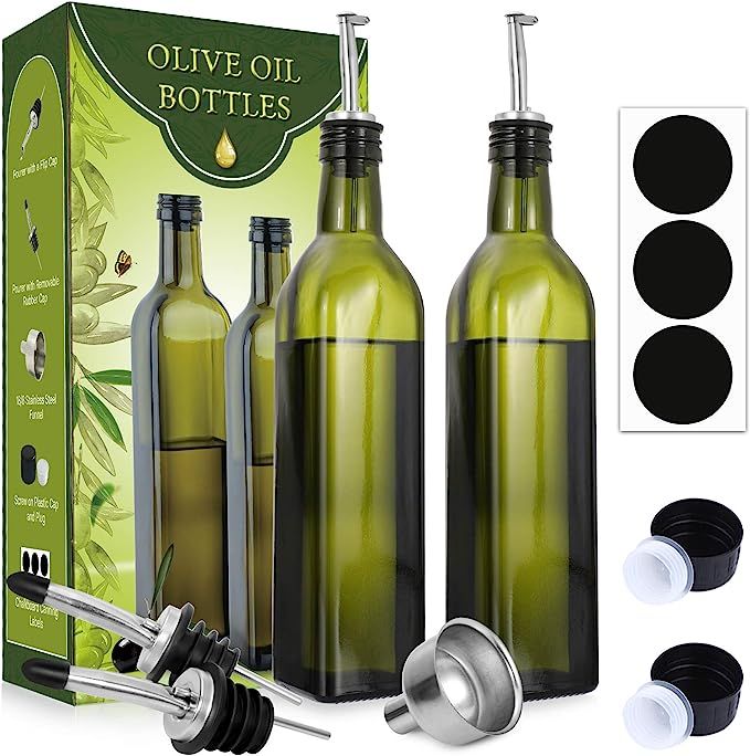 AOZITA [2 PACK] 17 oz Glass Olive Oil Dispenser Bottle Set - 500ml Dark Green Oil & Vinegar Cruet... | Amazon (US)