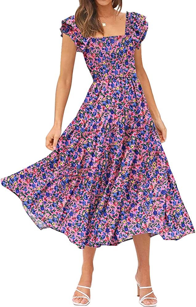 DOROSE Women's Summer Floral Dress Square Neck Smocked Boho Midi Dress Ruffle Tie Back Flowy Beac... | Amazon (US)
