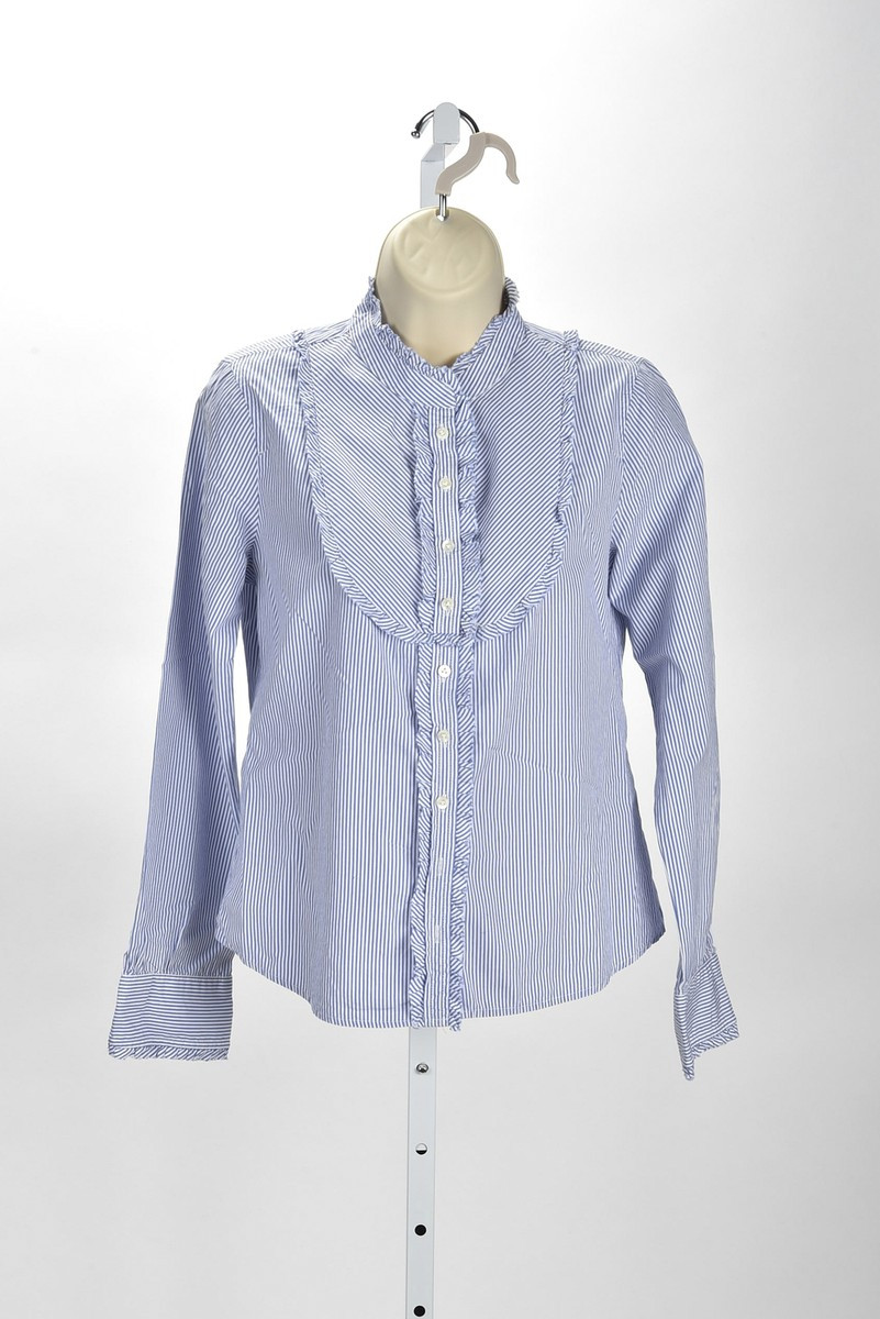 J Crew Ruffled Blue and White Striped Button Down Tuxedo Shirt Size L | eBay US