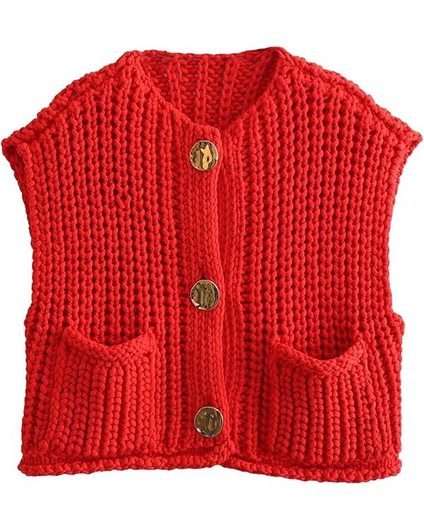 KEOMUD Women Sleeveless Crop Knit Cardigan Vest Casual Cropped Button Down Open Front Sweater Ves... | Amazon (US)