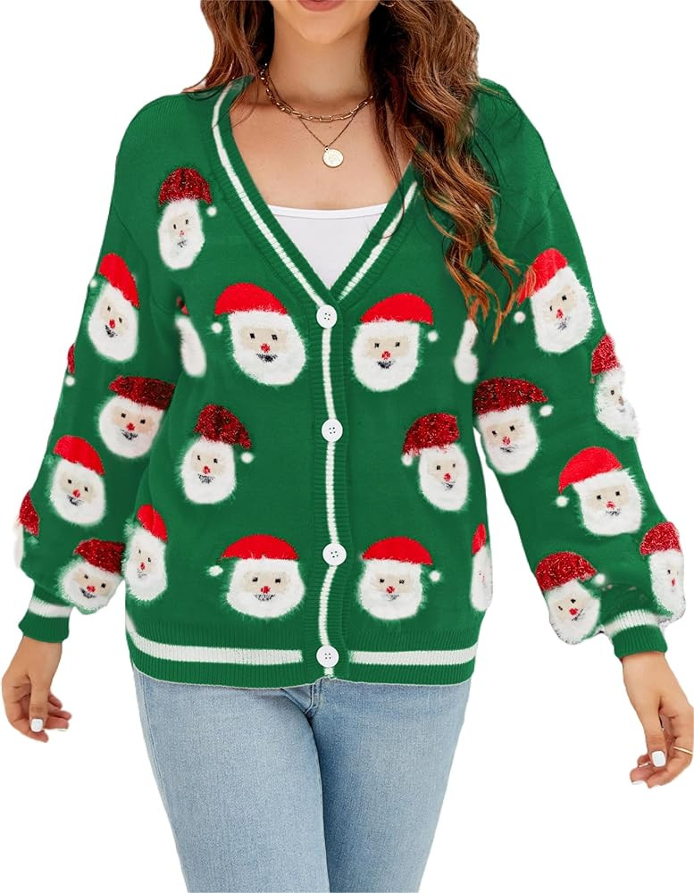 LUBOT Christmas Sweaters Cardigans for Women Ugly Soft Fuzzy Knit Long Sleeve Pullover for Christ... | Amazon (US)