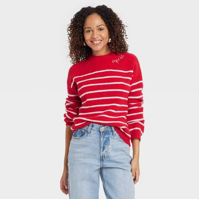Women's Holiday Crewneck Pullover Sweater - A New Day™ Red/Pink Striped S | Target