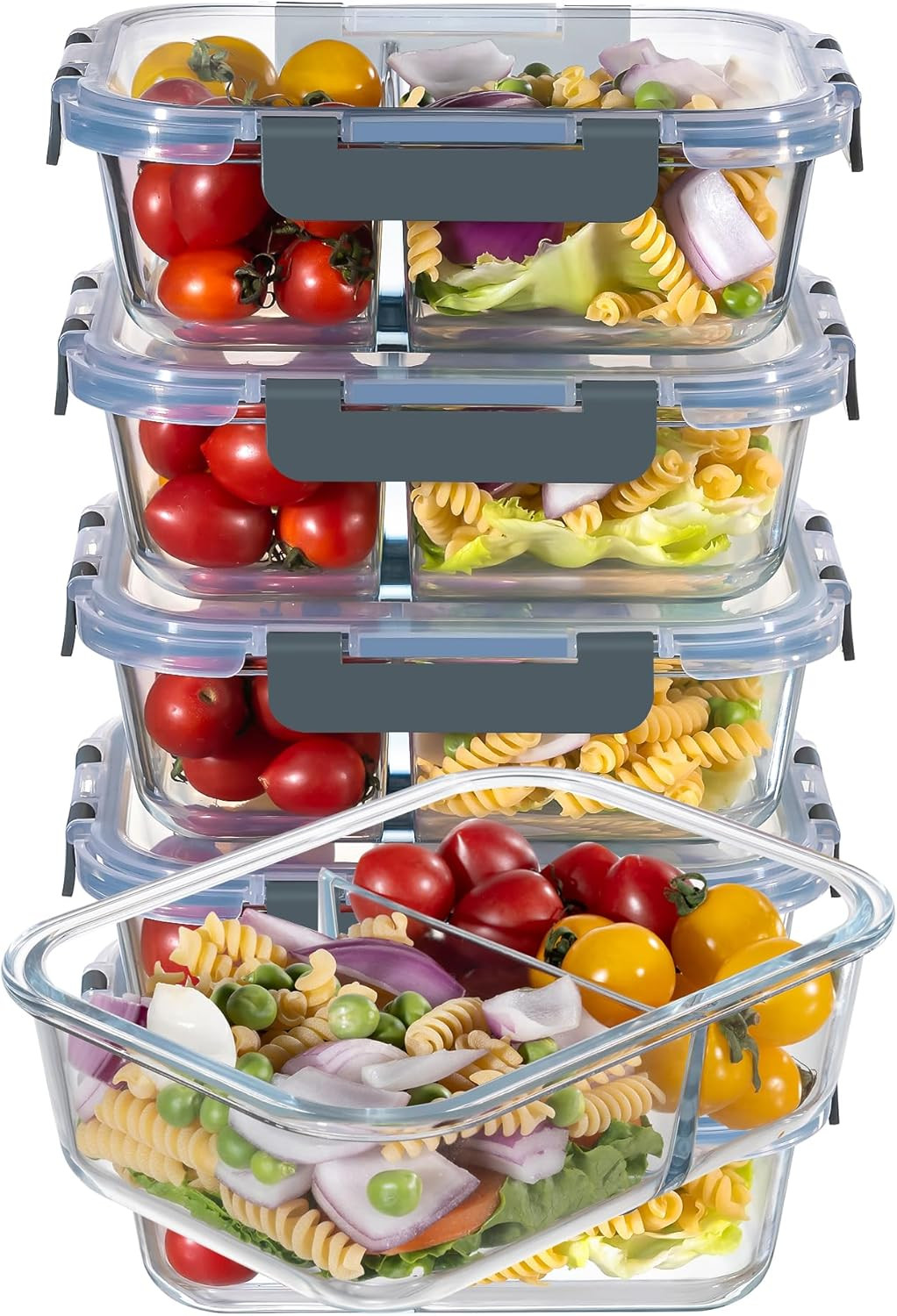 MFY 5-Pack 36 OZ Glass Storage Containers with Lids - 2 Compartment Meal Prep Set, Airtight Glass... | Amazon (US)