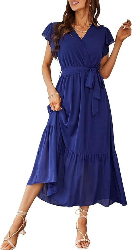 PRETTYGARDEN Women's Summer Floral Boho Dress Wrap V Neck Short Sleeve Ruffle A-Line Flowy Maxi W... | Amazon (US)